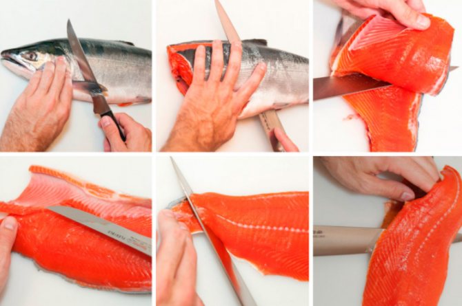 Процесс нарезки красной рыбы